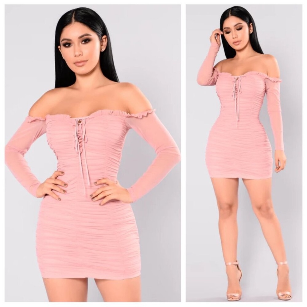 Fashion Nova Blush Pink Off-Shoulder Lace-Up Ruched Bodycon Dress
